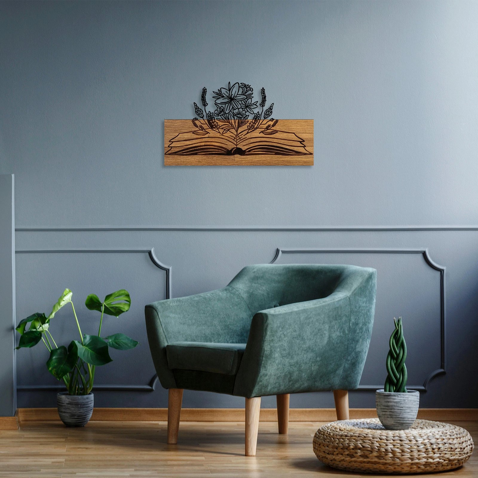 Aksesor dekorativ për mur, dru dhe metal, lule nga libër, ngjyrë arre dhe e zezë, 33x58cm