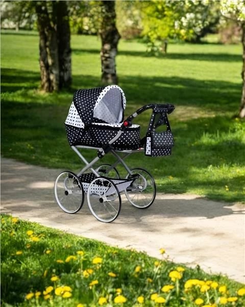 Karrocë për kukulla 2‑në‑1 retro, New Baby, Natálka, konstruksion metalik, dorezë e rregullueshme, rrota gome, bardhë‑e‑zezë