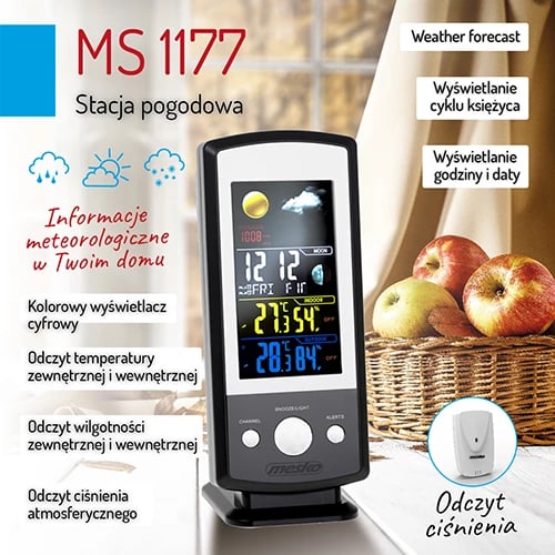 Stacion moti, Adler MS 1177, ekran me ngjyra, temperaturë/lagështi brenda-jashtë, parashikim dhe presion, alarme, me sondë të jashtme, zi/argjend Stacion moti, Adler MS 1177, ekran me ngjyra, temperaturë/lagështi brenda-jashtë, parashikim dhe presion, alarme, me sondë të jashtme, zi/argjend