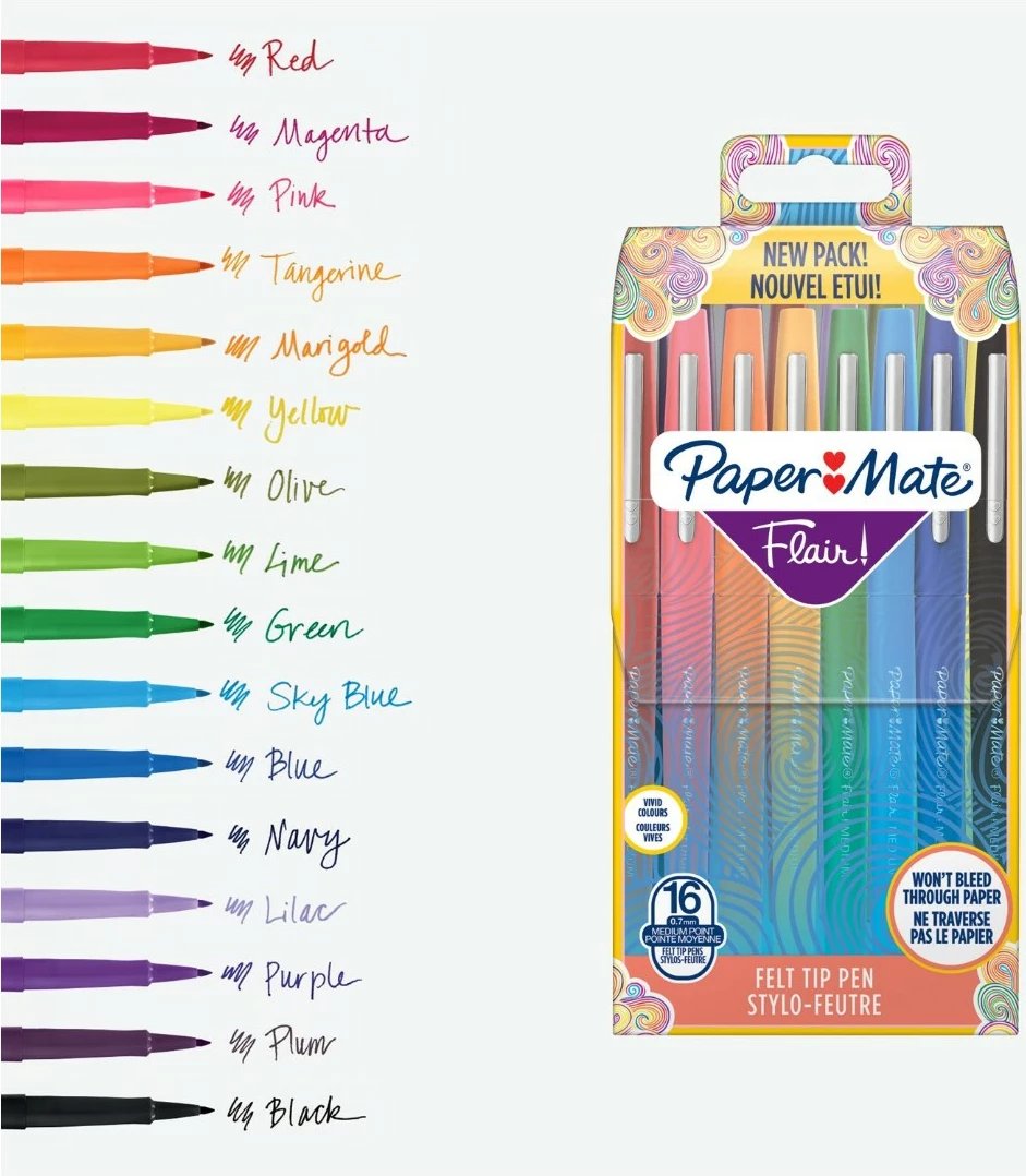 Set stilolapsa PaperMate Flair, 16 ngjyra, majë brushë 0.7mm, multikolor
