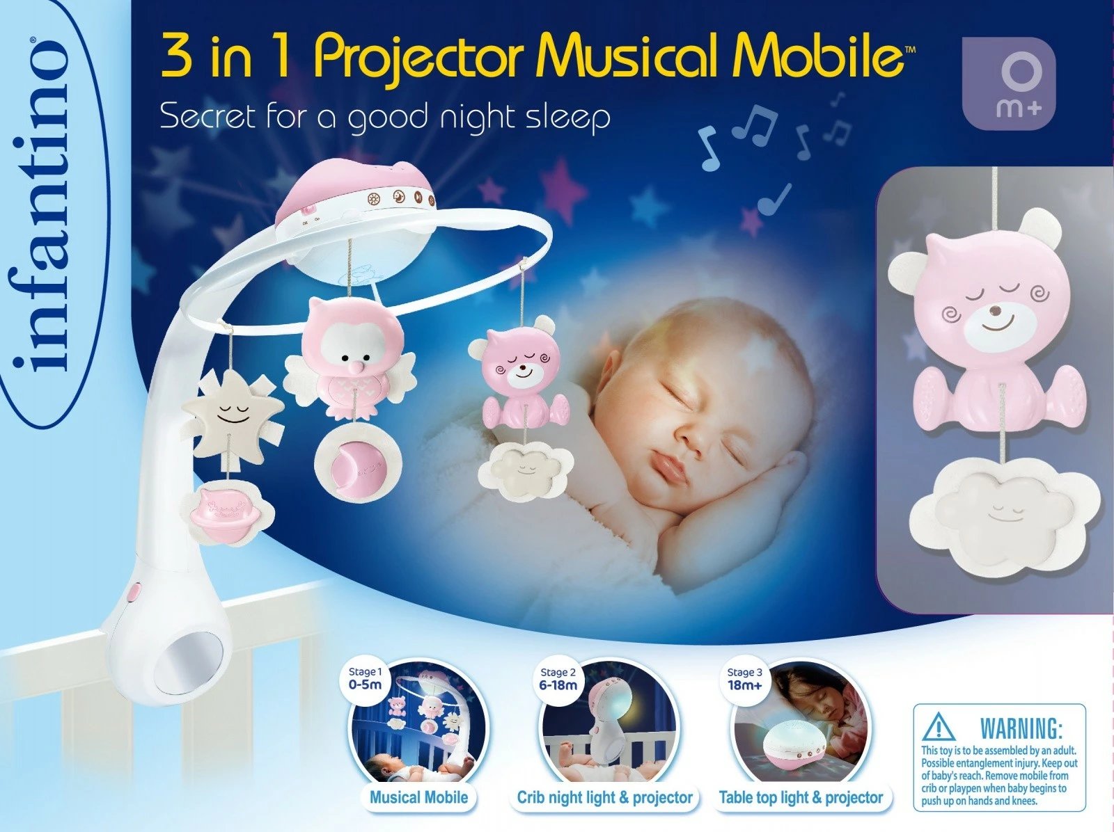 Karusel muzikor për foshnje B-kids Infantino 3-in-1, rozë/bardhë