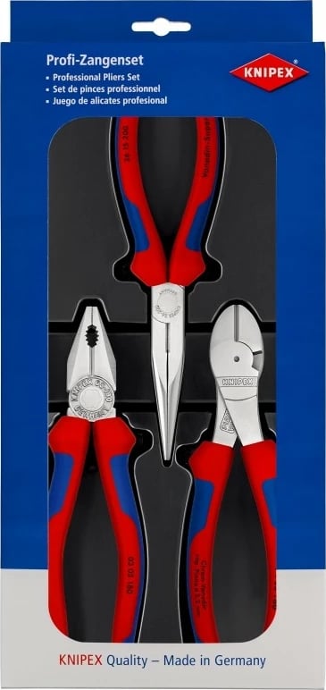 Set pincash Knipex 00 20 11 V01, 3 copë, 180mm, dorezë plastike, kaltër/kuqe