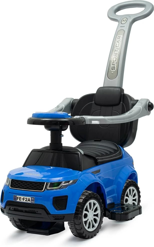 makinë lodër shtytëse 3‑në‑1, Baby Mix, Plus 3in1, me dorezë drejtuese, sedilje eko-lëkurë, mbrojtëse anësore, depo nën sedilje, blu