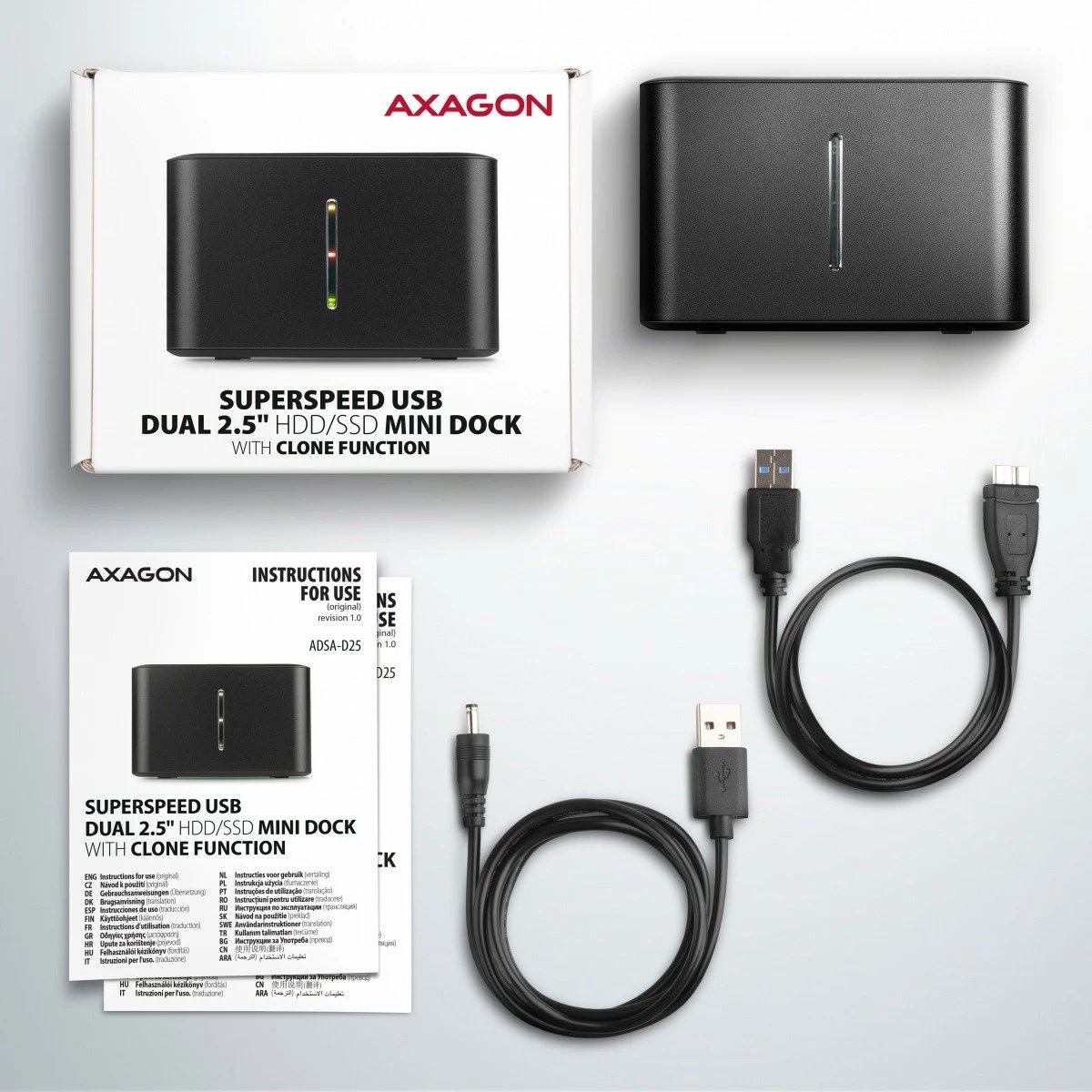 Kasë AXAGON ADSA-D25 MINI USB 3.2 Gen 1 për 2x SSD/HDD 2.5", e zezë