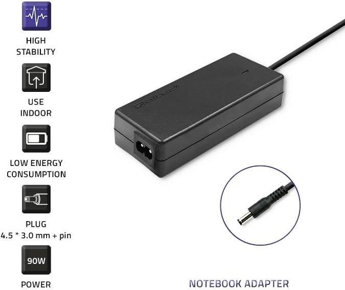 Adapter rryme për laptop Qoltec 90W, për Dell, 19.5V 4.62A, 4.5x3.0mm, i zi