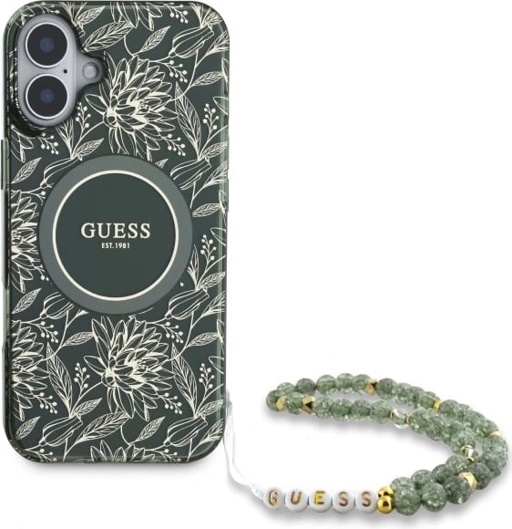 Mbështjellës Guess IML Flowers Allover Electro me rrip perlash MagSafe për iPhone 16 Plus, Gjelbër