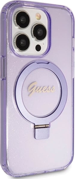 Mbështjellës Guess Ring Stand Script Glitter MagSafe për iPhone 15 Pro Max, vjollcë