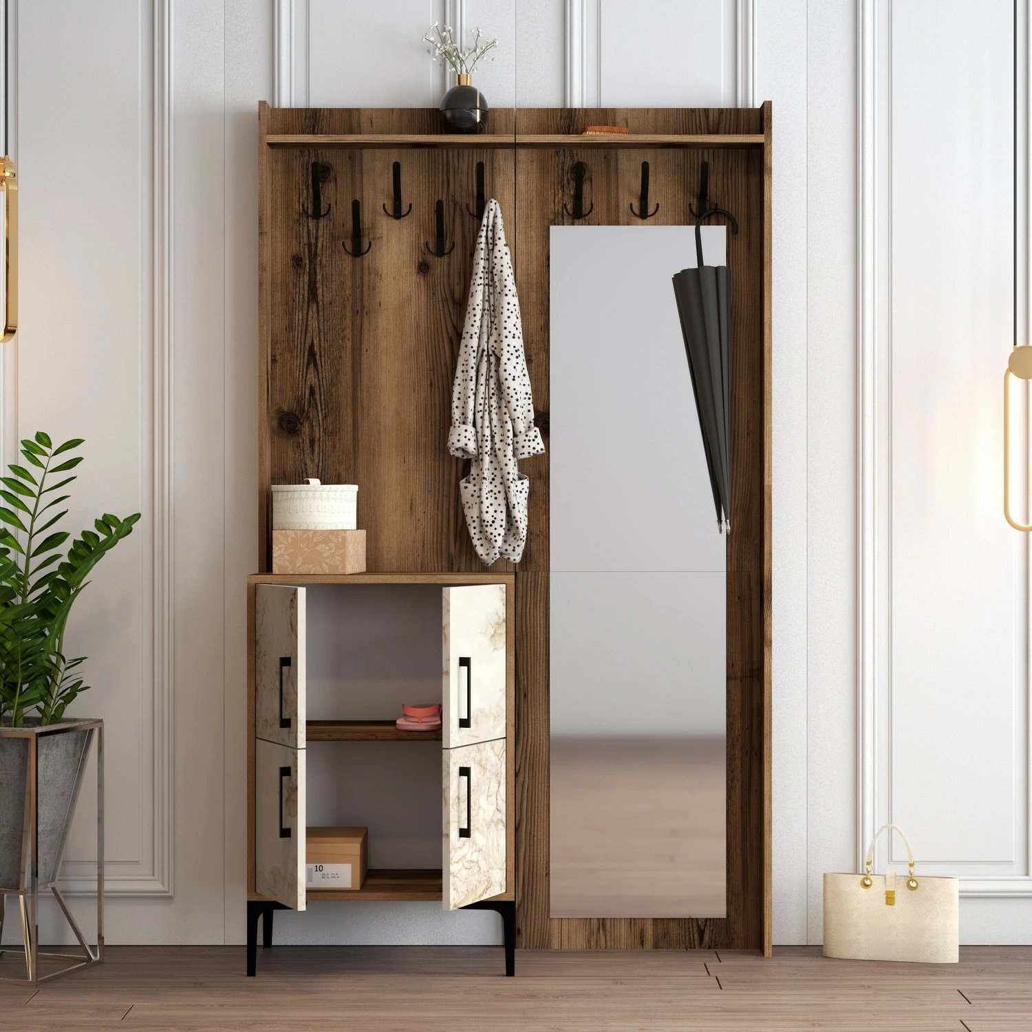 Stendë për korridor Berlin BC, ngjyrë arre dhe mermeri të bardhë