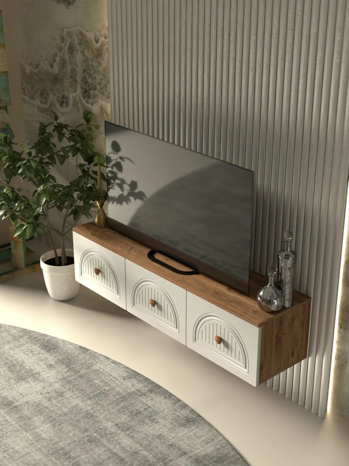 Komodë TV Skye Decor, Modena 135, ngjyrë Atlantic Pine dhe e bardhë