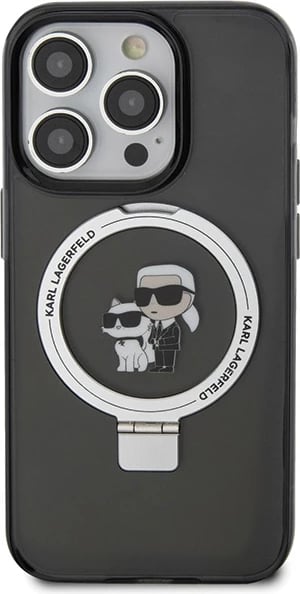 Mbështjellës Karl Lagerfeld KLHMP15LHMRSKCK për iPhone 15 Pro 6.1", me unazë Ring Stand Karl&Choupette, MagSafe, zi