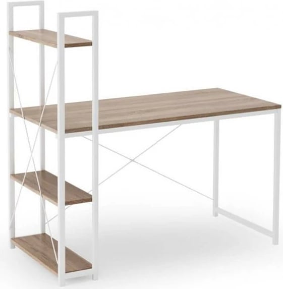 Tavolinë NEXT me kornizë metalike dhe rafte të integruar, 120x40xH72-111cm