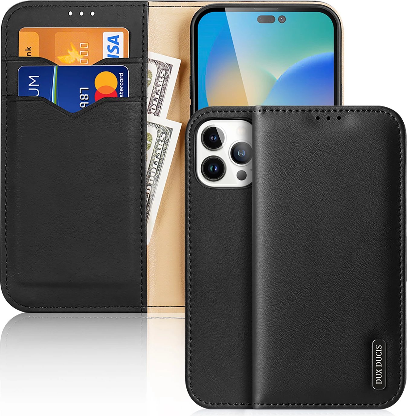 Mbështjellës Dux Ducis Hivo për iPhone 14 Pro Max, lëkurë natyrale, me portofol, e zezë