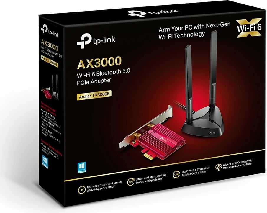 Kartelë rrjeti WiFi TP-LINK Archer TX3000E, PCIe, WiFi 6, Bluetooth 5.0, me 2 antena, Kuqe