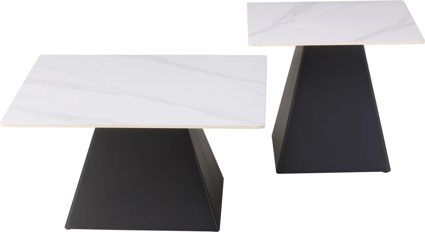 Set tavolina kafeje QUBER, dy copë, sipërfaqe qeramike, pamje mermeri të bardhë, bazë metalike e zezë, FH18260.01