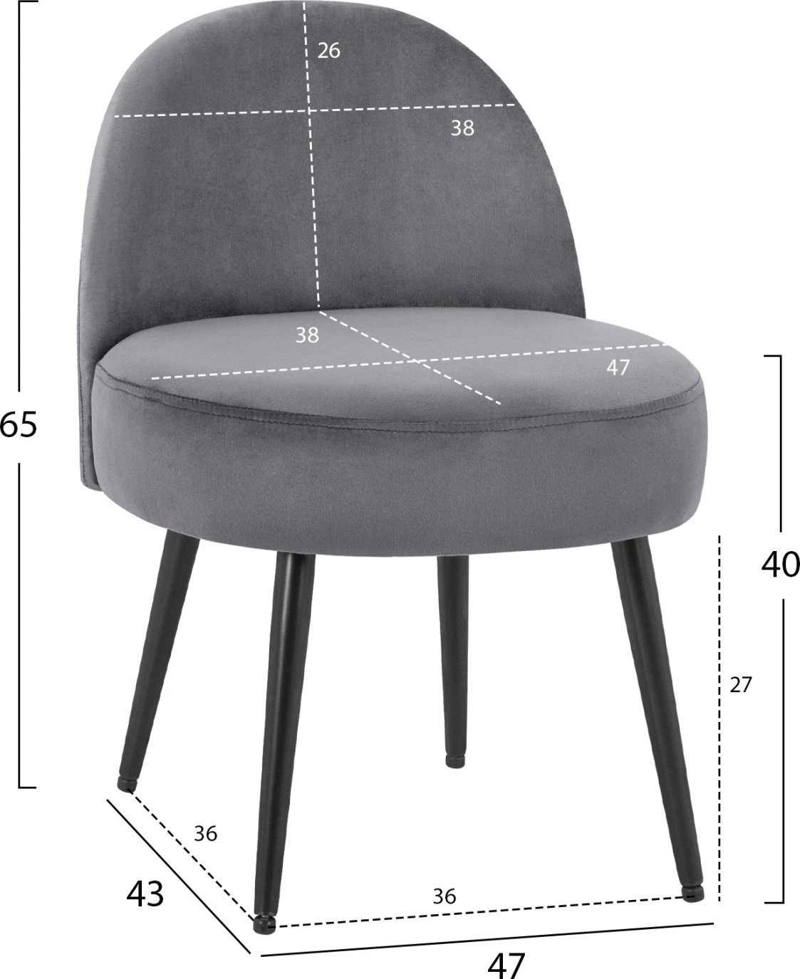 Karrige për bar me shpinë Yasmine nga kadife gri & këmbë të zeza FH8395.11 47x43x65cm