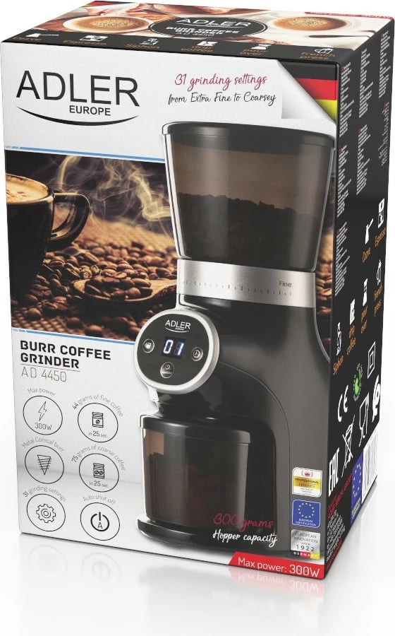 Mulli elektrik për kafe Adler AD 4450, 300 W, 300 g, i zi/argjendtë