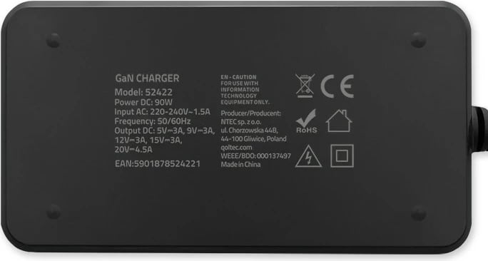 Karikues muri Qoltec 52422, 90W GaN, USB-C 3.1, me kabllo, i zi