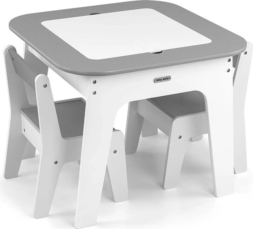 set tavolinë + 2 karrige fëmijësh, Milly Mally Olaf, kapak i dyanshëm me tabelë shkumësi, hapësira magazinimi, MDF, gri