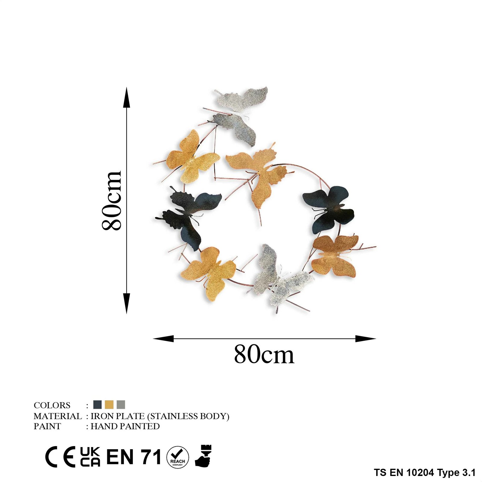 Aksesor dekorativ metalik për mur, flutura, shumëngjyrëshe, Wallity