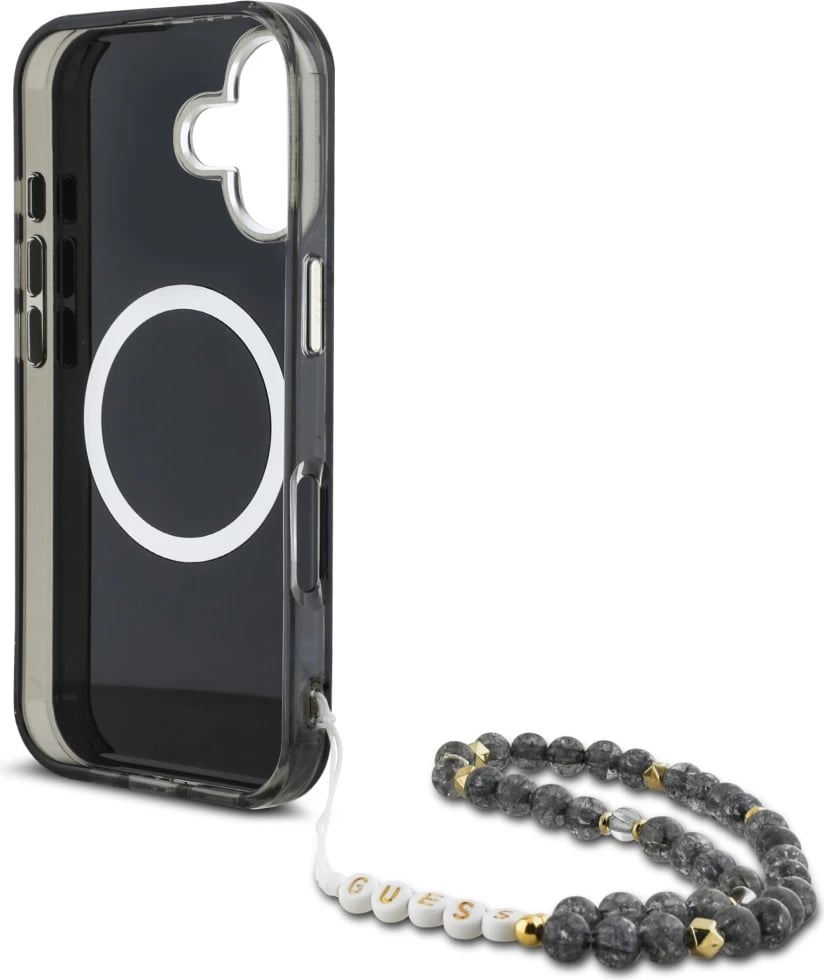 Mbështjellës Guess Palm Trees Triangle Pearl Strap MagSafe për iPhone 16, i zi Mbështjellës Guess Palm Trees Triangle Pearl Strap MagSafe për iPhone 16, i zi