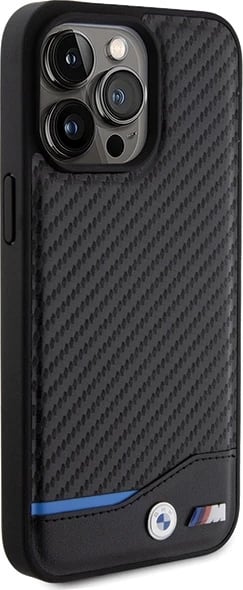 Mbështjellës BMW Leather Carbon për iPhone 15 Pro Max, i zi