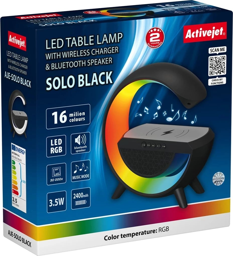 Llambë tavoline Activejet AJE-SOLO RGB, me altoparlant Bluetooth dhe karikues wireless, 2400 mAh, e zezë