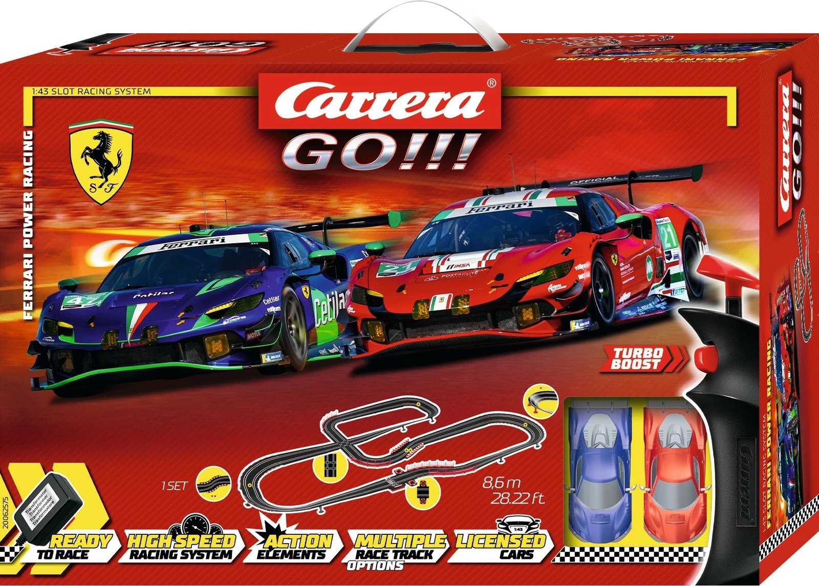 Set gare Carrera GO!!! Ferrari Power Racing, 2 makina, pista e zgjerueshme, multikolor