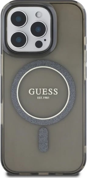 Mbështjellës Guess IML Glitter Circle MagSafe për iPhone 16 Pro Max, i zi