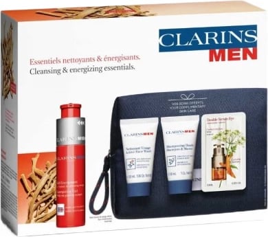 Set për kujdesin e lëkurës për meshkuj Clarins Energizing Gel Set, 50ml + 30ml + 30ml + 0.9ml me çantë kozmetike
