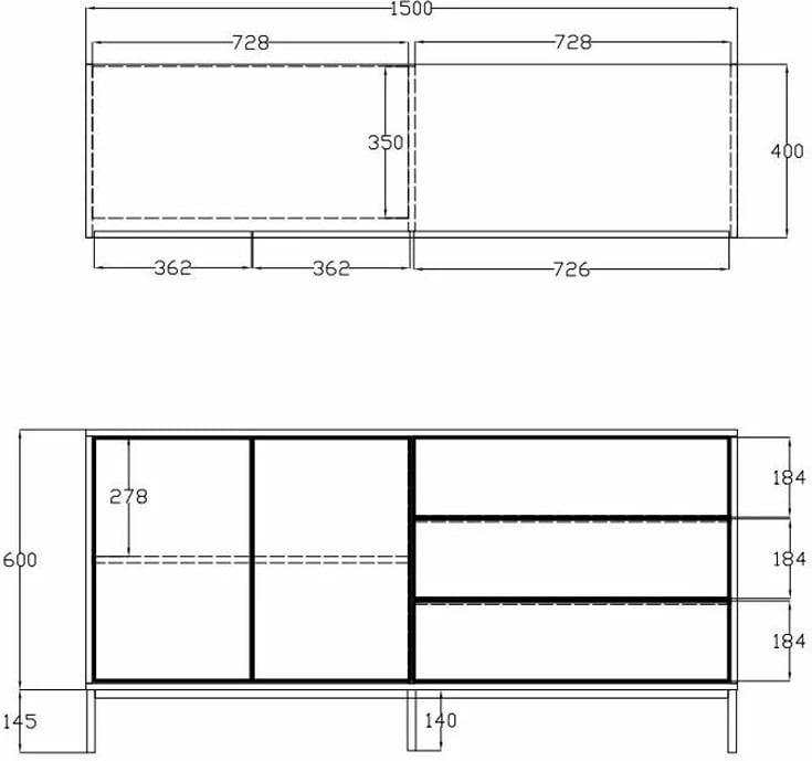 Bufe Blackbird, 2 dyer, 3 sirtarë, ngjyrë lisi Riviera, e zezë, 150x40x75.5cm