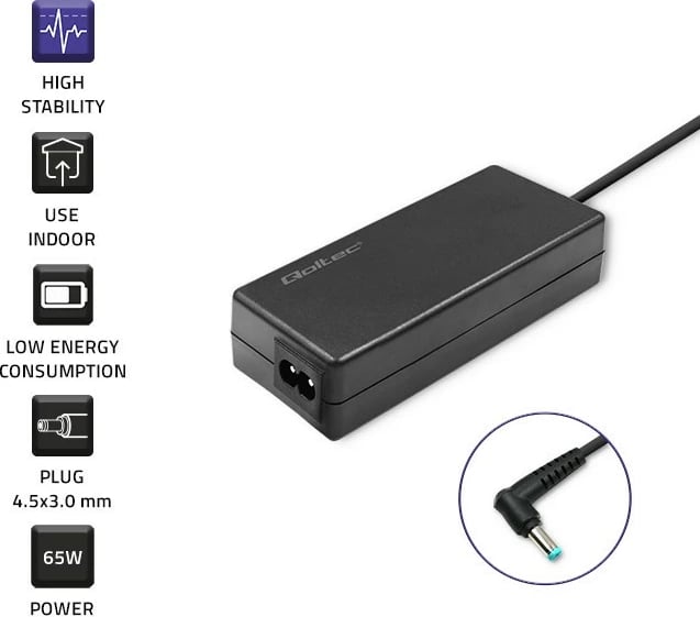 Adapter rryme për laptop Qoltec 51555, 65W, 19.5V, 3.33A, 4.5x3.0 mm, i zi