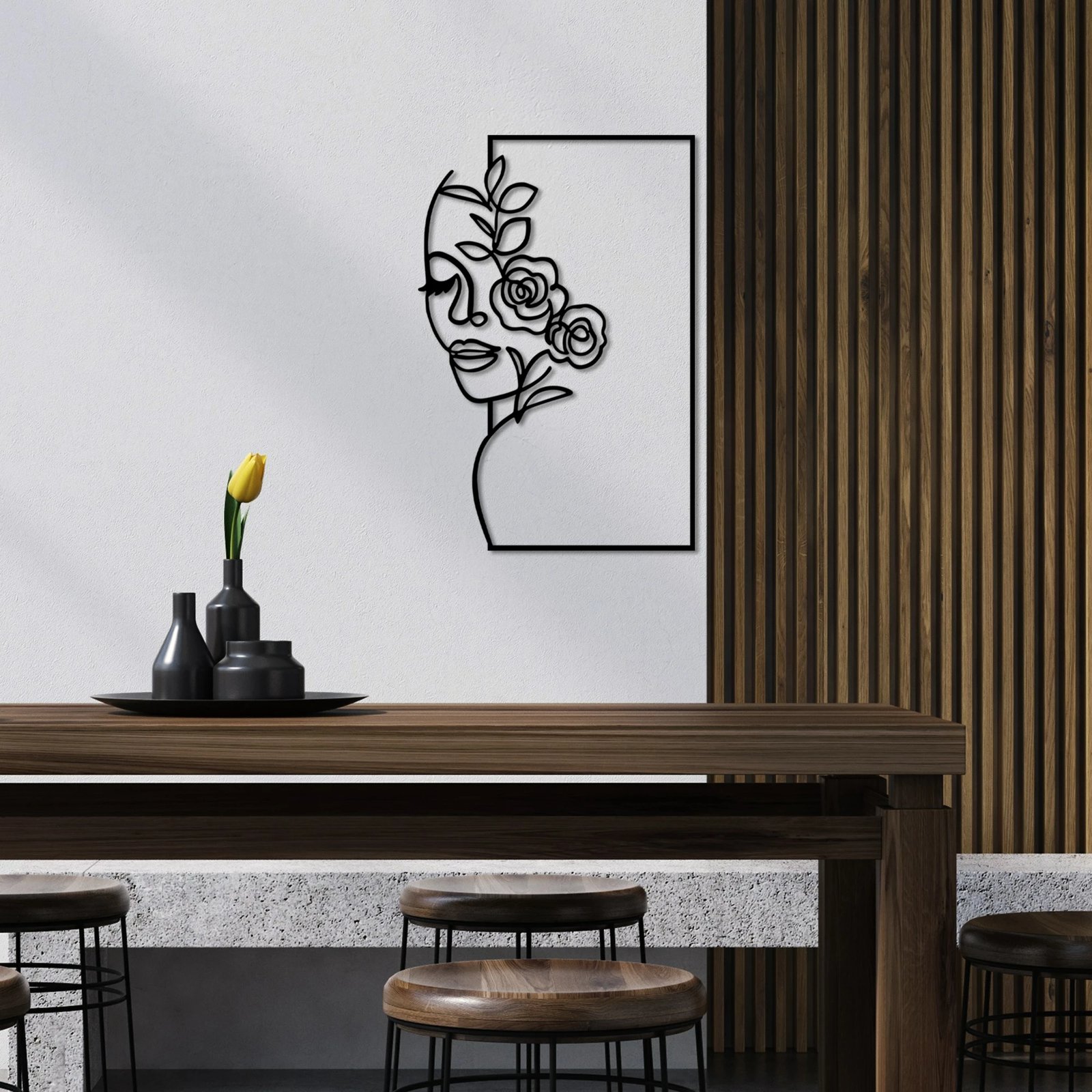 Aksesor dekorativ metalik për mur, Wallity, grua me lule, i zi, L