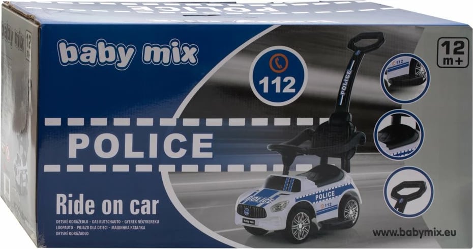 makinë shtytëse për fëmijë, Baby Mix, Police, me panel zanor dhe shufër drejtimi, 12m+, ngarkesë 25 kg, e bardhë