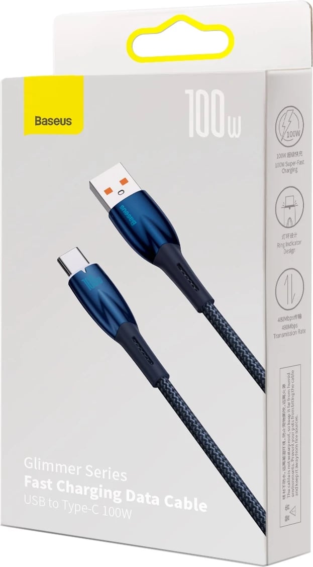 Kabllo karikimi i shpejtë Baseus Glimmer Series, USB-A në USB-C, 1m, 100W, Blu