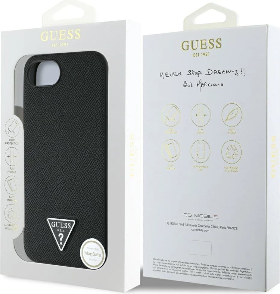 Mbështjellës Guess Grained Triangle MagSafe për iPhone 16e, i zi