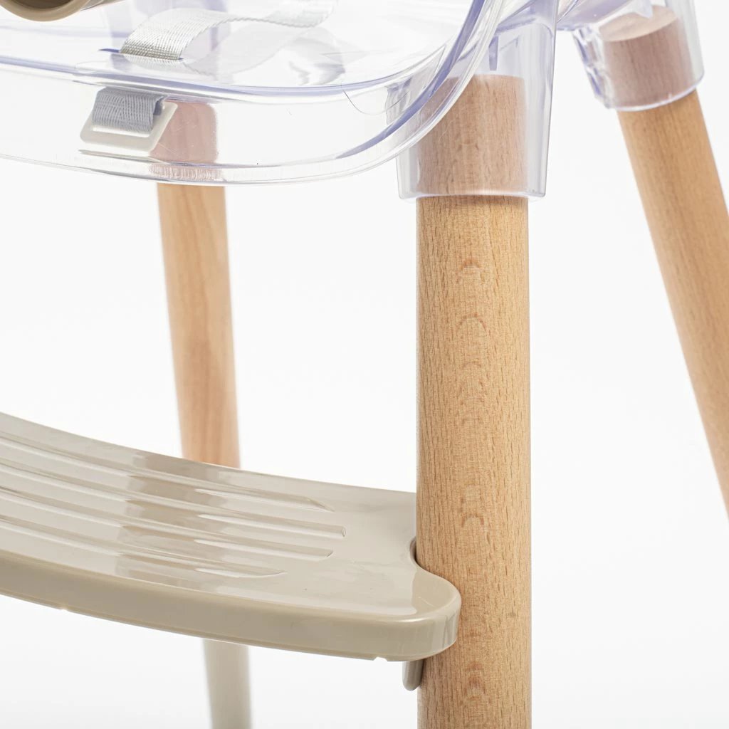 Karrige ushqimi bebe, Baby Mix, Ingrid, tabaka e dyfishtë e rregullueshme, këmbë druri, rrip 5-pikësh, deri 15 kg, bezhë