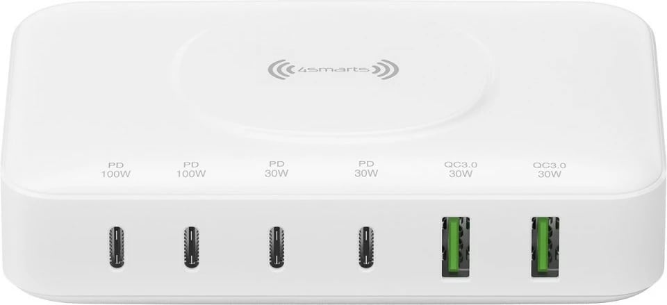 Stacion karikimi 4smarts 540570, 100W, 6 porta USB, wireless, i bardhë