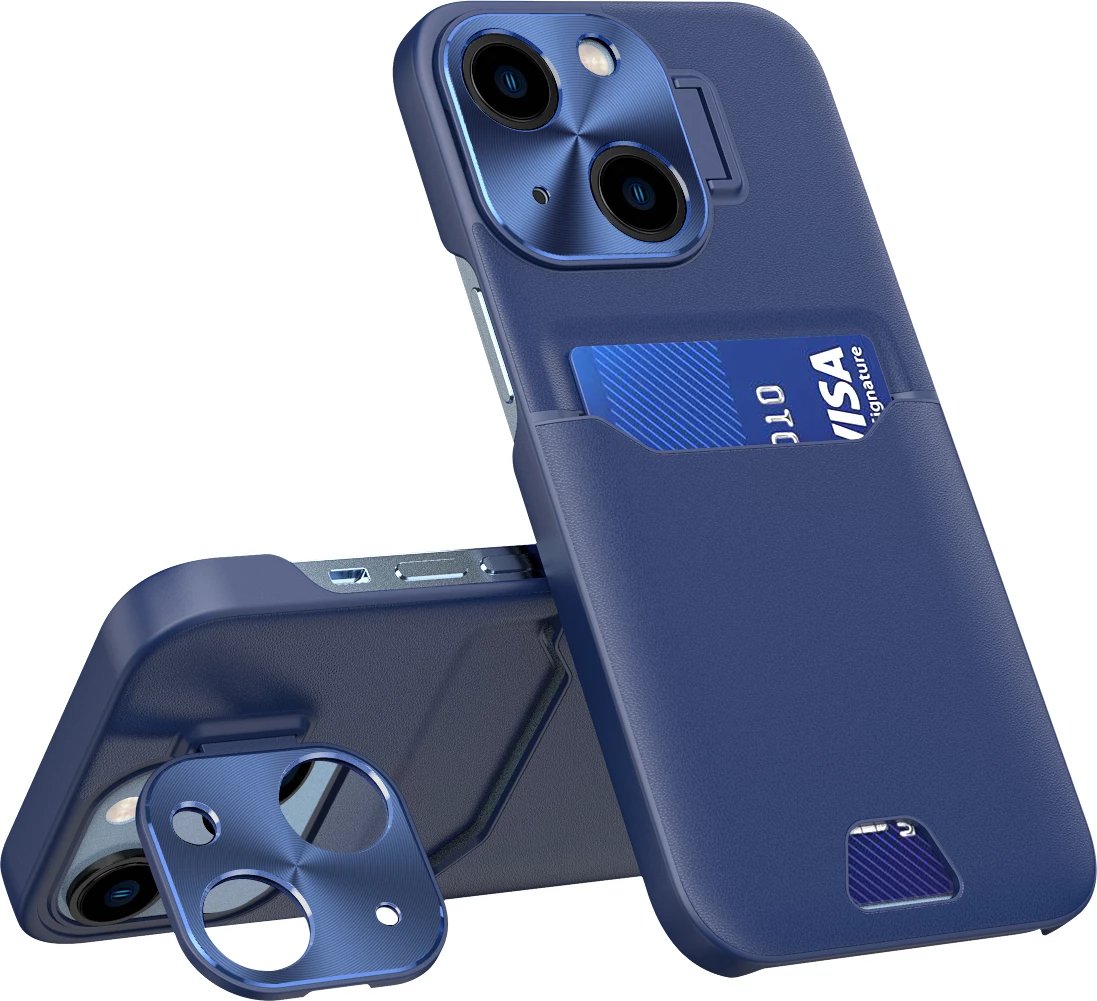 Mbështjellës Hurtel Leather Stand Case për iPhone 14 Plus, me xhep për kartela, me mbajtëse, Blu