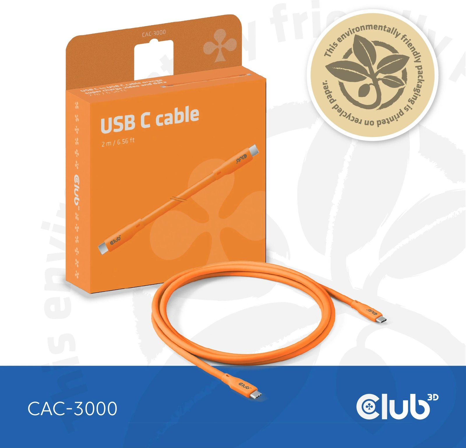 Kabllo USB-C Club3D CAC-3000, 2m, 240W, 20Gbps, portokalli