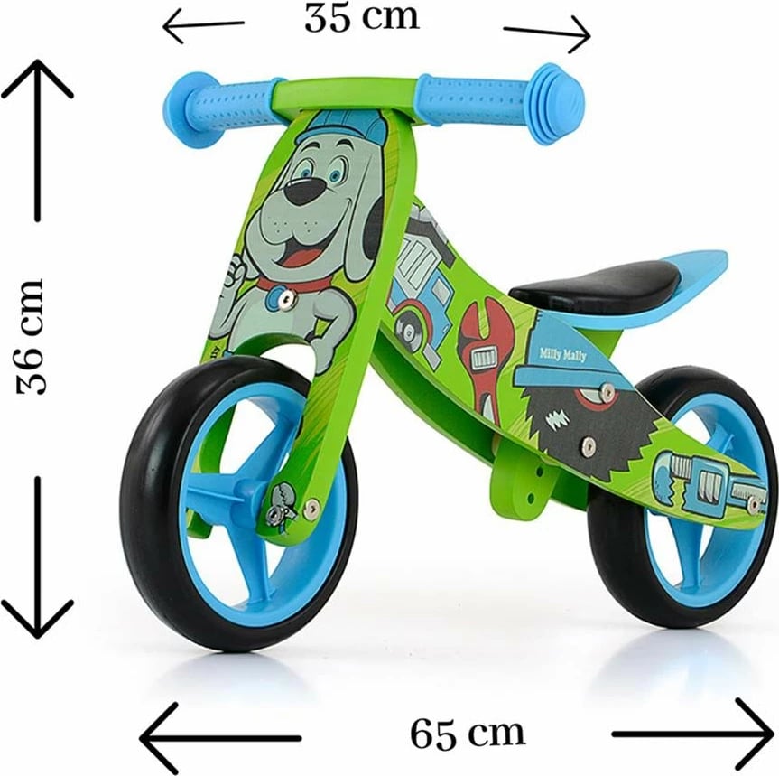 bicikletë 2-në-1 për fëmijë Milly Mally JAKE, dru, rrota shkumë 7 inç, sedilje e rregullueshme, ngarkesa maks 25 kg, 18-36 muaj, blu