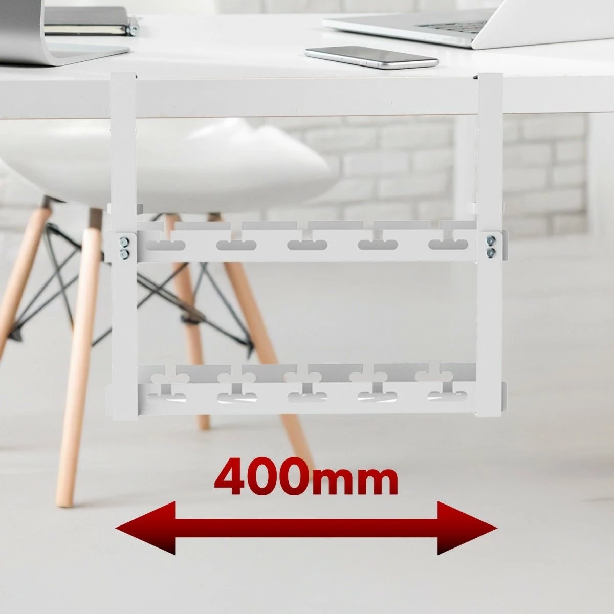 Organizues kabllosh nën tavolinë, Maclean MC-104W, 2 nivele, 40 cm, kapje me klema, ngarkesë 5 kg, i bardhë Organizues kabllosh nën tavolinë, Maclean MC-104W, 2 nivele, 40 cm, kapje me klema, ngarkesë 5 kg, i bardhë