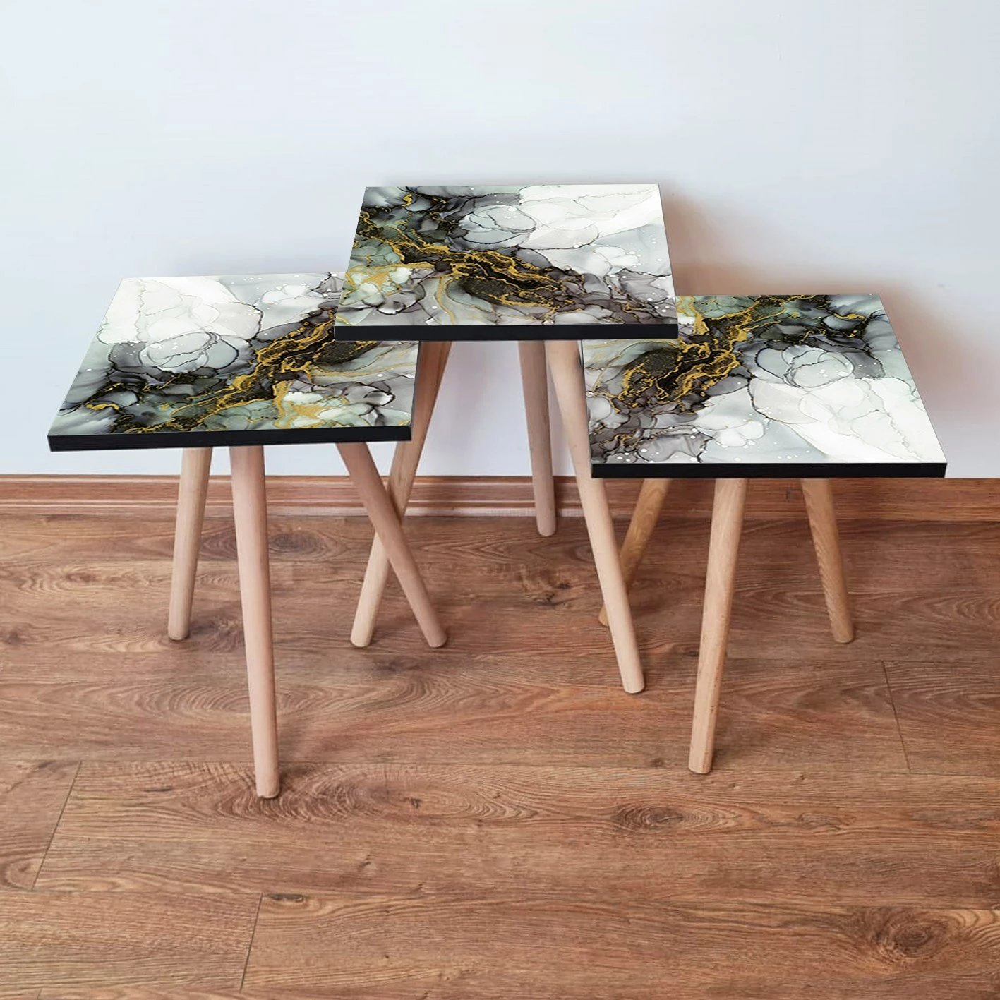 Set tavolinash ndihmëse, 3 copë, Skye Decor, 3Shp233, ngjyrë e bardhë, gri, ari, mustard