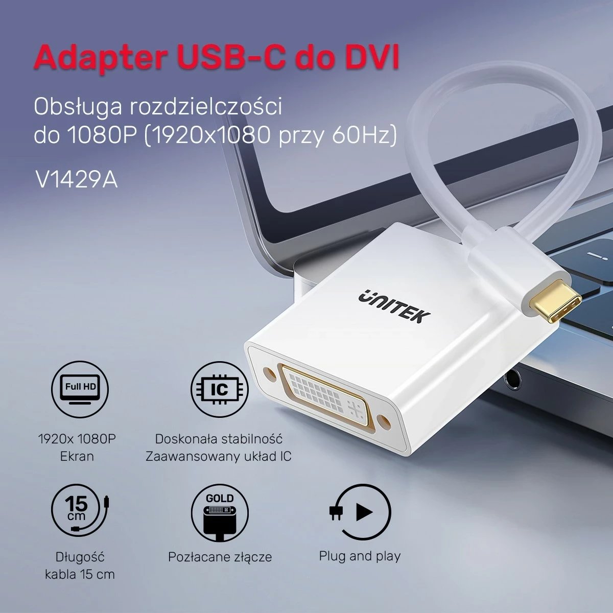 Adapter USB-C në DVI Unitek, 1080P@60Hz, 15cm, bardhë
