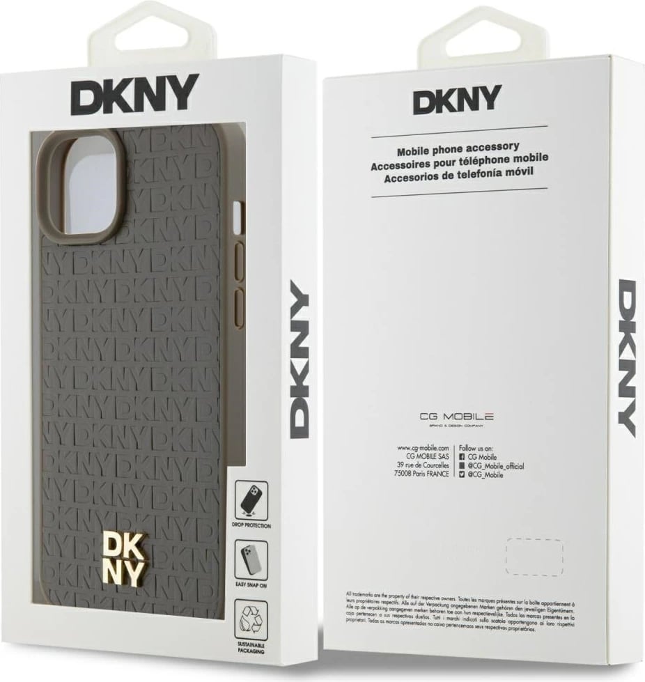 Mbështjellës DKNY Leather Pattern Metal Logo MagSafe për iPhone 15/14/13, Kafe