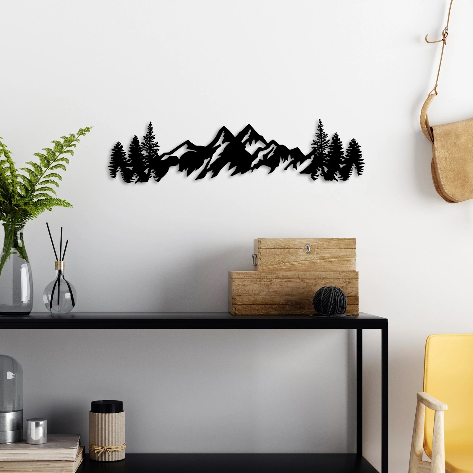 Aksesor dekorativ metalik për mur, pamje mali, Wallity, i zi, 70x18cm