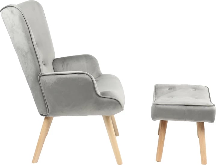 Fotelje me stol Vivienne, pëlhurë kadife, ngjyrë gri-natyrale, 75x69x96cm