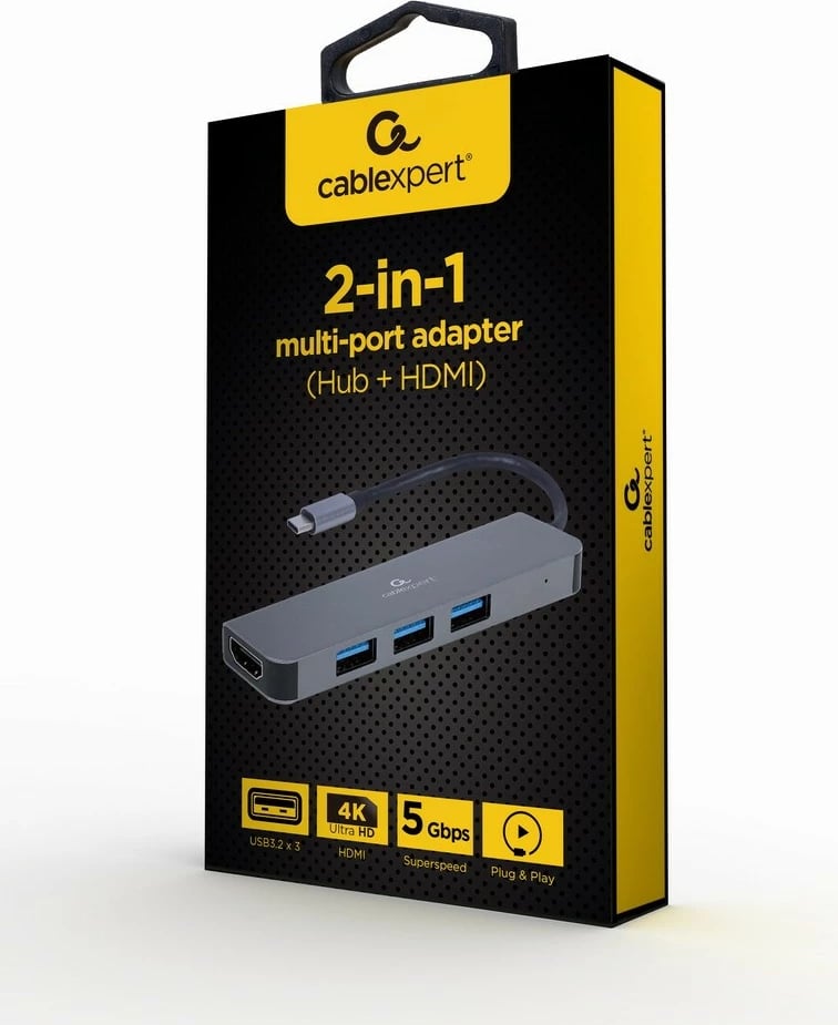 Adapter USB-C Gembird A-CM-COMBO2-01 me 3 porta USB 3.0 dhe HDMI, Gri