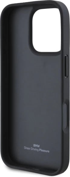 Mbështjellës BMW Sign Leather Crossing Lines Pattern për iPhone 16 Pro Max, lëkurë, zi