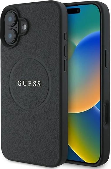 Mbështjellës Guess Grained Gold Ring MagSafe për iPhone 16 Plus, i zi