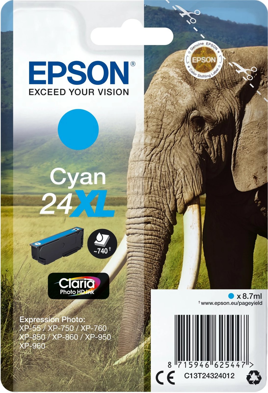 Bojë Epson Elephant Singlepack Cyan 24XL, 8.7 ml, XL